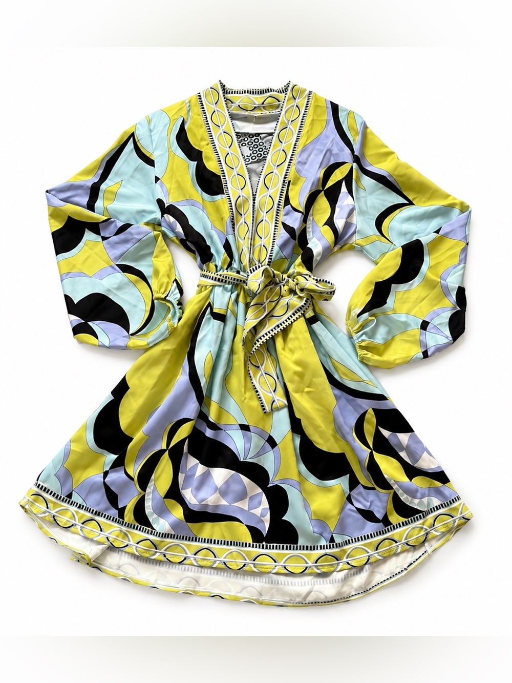 Printed Belted Casual Silky V-Neck Dress sz Medium 6 8 10 Like Pucci